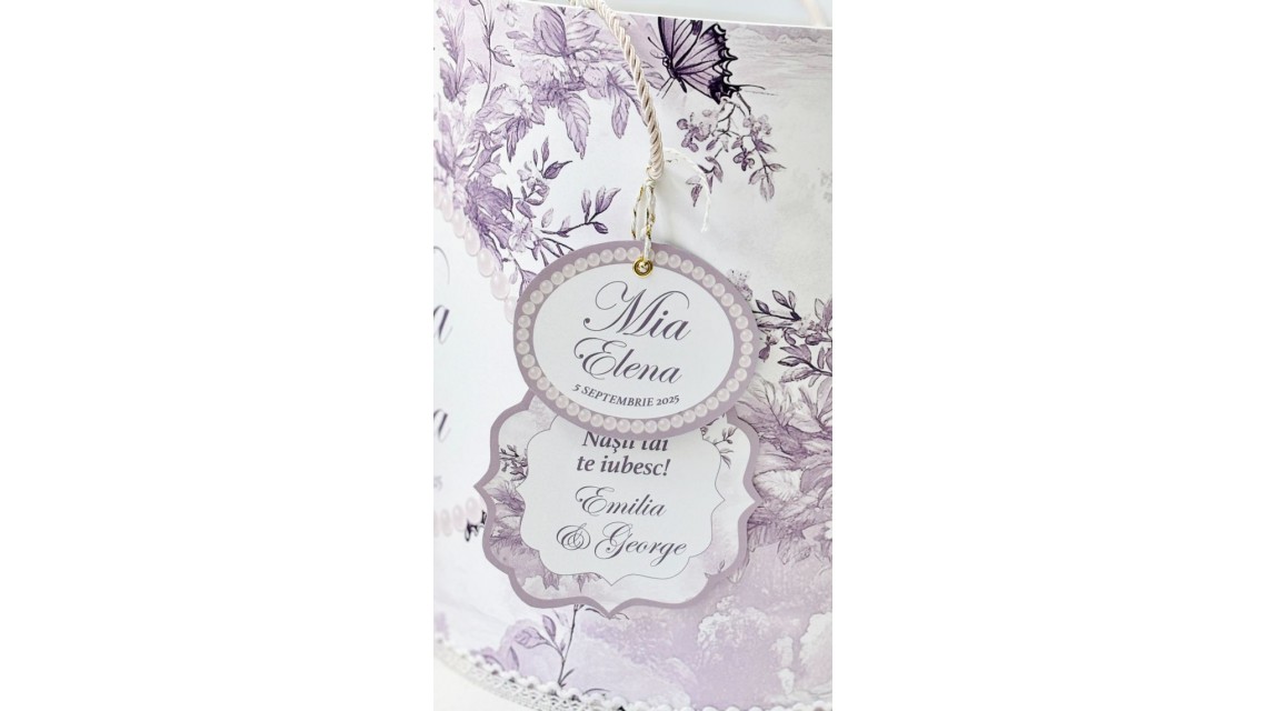 Trusou botez Purple Toile cu fluturi și flori mov personalizat 9